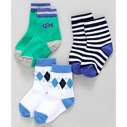 Cute Walk by Babyhug Ankle Length Socks Fish & Diamond Design Pack of 3 - Green White Black