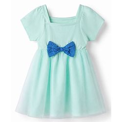 Babyhug Mesh Knit Frock with Half Sleeves and Bow Applique in Light Blue