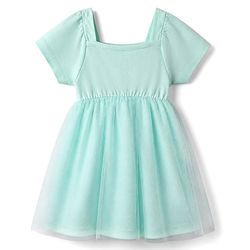 Babyhug Mesh Knit Frock with Half Sleeves and Bow Applique in Light Blue