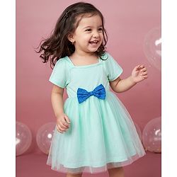 Babyhug Mesh Knit Frock with Half Sleeves and Bow Applique in Light Blue
