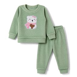 Babyhug Fur Woven Full Sleeves Winter Wear Suit With Bear Applique - Sea Green