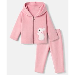 Babyhug Fur Woven Full Sleeves Hooded Winter Wear Suit With Rabbit Patch - Pink