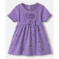 Babyhug Mesh Knit Fit and Flare Frock with Half Sleeves, Back Snap Buttons, Bow and Floral Print in Lilac for 3-6 Months
