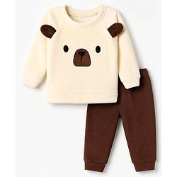 Babyhug Fur Woven Full Sleeves Winter Wear Suit With Bear Applique - Beige & Brown