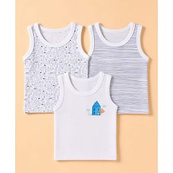 Babyhug 100% Cotton Knit Striped Sleeveless Vests With Geometric Print Pack of 3 -White