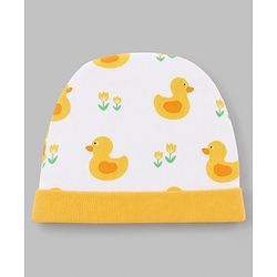 Babyhug 100% Cotton Interlock Knit Cap Mittens & Booties Set With Duck Print White - Diameter 14.5 cm