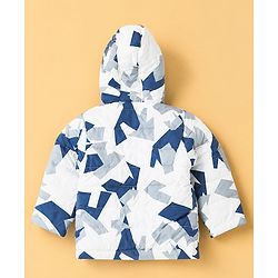 Babyhug Woven Full Sleeves Printed Hooded Padded Winter Jacket - Blue