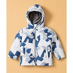 Babyhug Woven Full Sleeves Printed Hooded Padded Winter Jacket - Blue