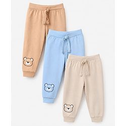 Babyhug Cotton Knit Full Length Joggers with Bear Applique Pack of 3 - Blue Beige Grey