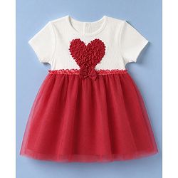 Babyhug Single Jersey Knit Frock with Half Sleeves and Heart Applique in Red