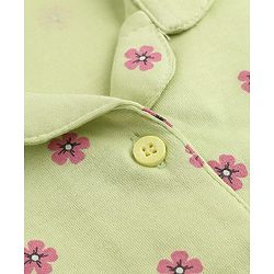 Babyhug Cotton Interlock Knit Front Open Full Sleeves Co-ord Shirt & Pajama Night Suit with Floral Print - Lime Yellow
