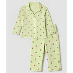 Babyhug Cotton Interlock Knit Front Open Full Sleeves Co-ord Shirt & Pajama Night Suit with Floral Print - Lime Yellow