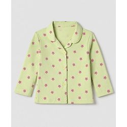 Babyhug Cotton Interlock Knit Front Open Full Sleeves Co-ord Shirt & Pajama Night Suit with Floral Print - Lime Yellow