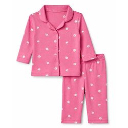 Babyhug 100% Cotton Interlock Knit Full Sleeves Front Open Co-ord Shirt & Pyjama Night Suit with Flowers Print - Pink