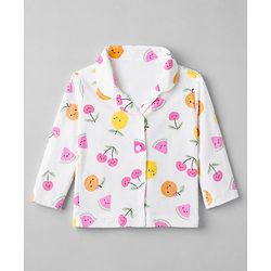 Babyhug Interlock Knit Full Sleeves Front Open Shirt Pyjama Co-Ords Night Suit With Cherry Print- White