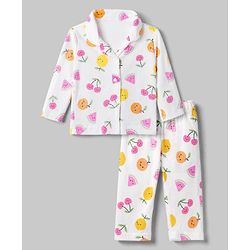 Babyhug Interlock Knit Full Sleeves Front Open Shirt Pyjama Co-Ords Night Suit With Cherry Print- White