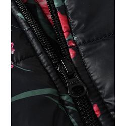 Babyhug Woven Hooded Padded Winter Jacket with Full Sleeves and Floral Print - Black