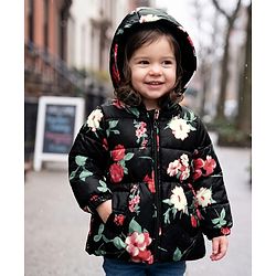 Babyhug Woven Hooded Padded Winter Jacket with Full Sleeves and Floral Print - Black