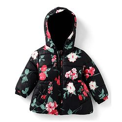 Babyhug Woven Hooded Padded Winter Jacket with Full Sleeves and Floral Print - Black