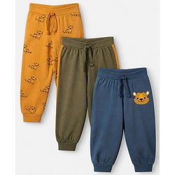 Babyhug Cotton Jersey Knit Full Length Jogger Fit Lounge Pant with Tiger Print Pack of 3 in Yellow Navy Blue