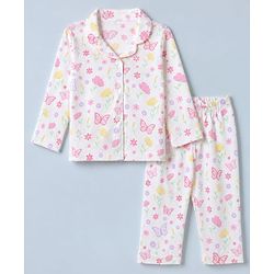 Babyhug Cotton Knit Full Sleeves Front Open Shirt Pyjama Co-ords Nightsuit With Floral Print - White