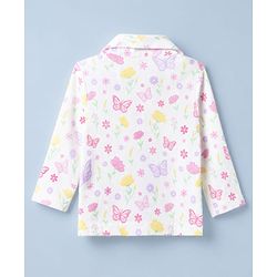 Babyhug Cotton Knit Full Sleeves Front Open Shirt Pyjama Co-ords Nightsuit With Floral Print - White