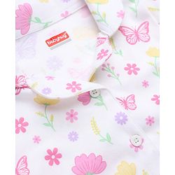 Babyhug Cotton Knit Full Sleeves Front Open Shirt Pyjama Co-ords Nightsuit With Floral Print - White