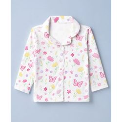 Babyhug Cotton Knit Full Sleeves Front Open Shirt Pyjama Co-ords Nightsuit With Floral Print - White