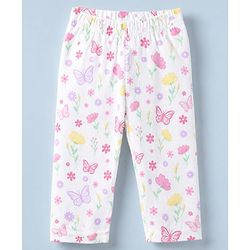 Babyhug Cotton Knit Full Sleeves Front Open Shirt Pyjama Co-ords Nightsuit With Floral Print - White
