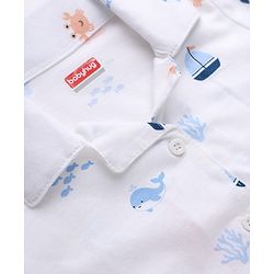 Babyhug Cotton Knit Full Sleeves Front Open Co-ord Shirt & Pyjama Night Suit with Shark Print in White