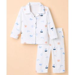 Babyhug Cotton Knit Full Sleeves Front Open Co-ord Shirt & Pyjama Night Suit with Shark Print in White