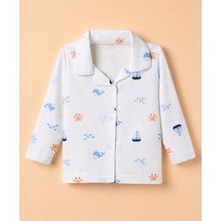 Babyhug Cotton Knit Full Sleeves Front Open Co-ord Shirt & Pyjama Night Suit with Shark Print in White
