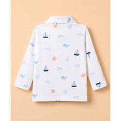 Babyhug Cotton Knit Full Sleeves Front Open Co-ord Shirt & Pyjama Night Suit with Shark Print in White