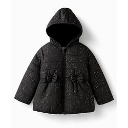 Babyhug Woven Full Sleeves Hooded Padded Jacket with Glitter Print & Bow Applique - Black