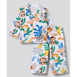 Babyhug 100% Cotton Interlock Knit Full Sleeves Front Open Co-ord Shirt & Pyjama Nightsuit with Jungle Safari Theme Print - White