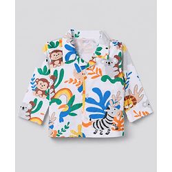 Babyhug 100% Cotton Interlock Knit Full Sleeves Front Open Co-ord Shirt & Pyjama Nightsuit with Jungle Safari Theme Print - White