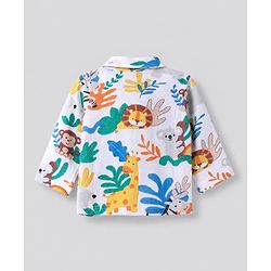 Babyhug 100% Cotton Interlock Knit Full Sleeves Front Open Co-ord Shirt & Pyjama Nightsuit with Jungle Safari Theme Print - White