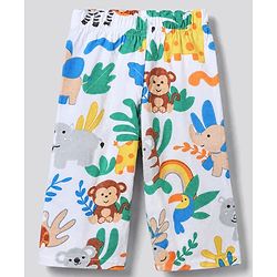 Babyhug 100% Cotton Interlock Knit Full Sleeves Front Open Co-ord Shirt & Pyjama Nightsuit with Jungle Safari Theme Print - White