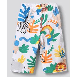 Babyhug 100% Cotton Interlock Knit Full Sleeves Front Open Co-ord Shirt & Pyjama Nightsuit with Jungle Safari Theme Print - White