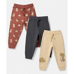 Babyhug Cotton Knit Full Length Joggers Fit Lounge Pant With Bear Print Pack of 3 - Brown Beige Navy Blue