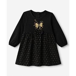Babyhug Single Jersey Knit Fit and Flare Full Sleeves Dress with Heart and Bow Foil Print - Black