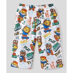 Babyhug 100% Cotton Interlock Knit Full Sleeves Front Open Co-ord Shirt & Pyjama Nightsuit with Teddy Lion Tiger Play Skates Print - White
