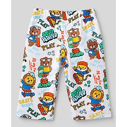 Babyhug 100% Cotton Interlock Knit Full Sleeves Front Open Co-ord Shirt & Pyjama Nightsuit with Teddy Lion Tiger Play Skates Print - White