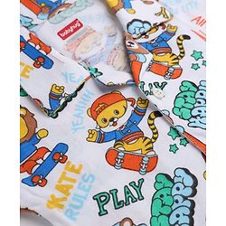 Babyhug 100% Cotton Interlock Knit Full Sleeves Front Open Co-ord Shirt & Pyjama Nightsuit with Teddy Lion Tiger Play Skates Print - White