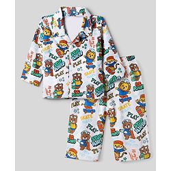 Babyhug 100% Cotton Interlock Knit Full Sleeves Front Open Co-ord Shirt & Pyjama Nightsuit with Teddy Lion Tiger Play Skates Print - White