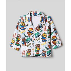 Babyhug 100% Cotton Interlock Knit Full Sleeves Front Open Co-ord Shirt & Pyjama Nightsuit with Teddy Lion Tiger Play Skates Print - White