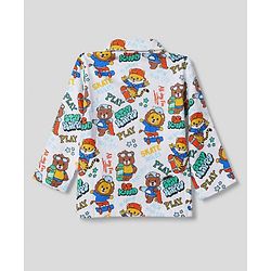 Babyhug 100% Cotton Interlock Knit Full Sleeves Front Open Co-ord Shirt & Pyjama Nightsuit with Teddy Lion Tiger Play Skates Print - White