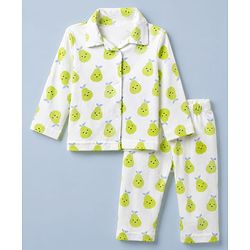 Babyhug Cotton Knit Full Sleeves Front Open Co-ord Shirt & Pyjama Night with Fruits Print in White