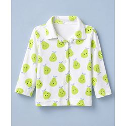Babyhug Cotton Knit Full Sleeves Front Open Co-ord Shirt & Pyjama Night with Fruits Print in White