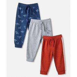 Babyhug Cotton Jersey Knit Full Length Jogger Fit Lounge Pant With Dino Print Pack of 3 - Red Grey Blue